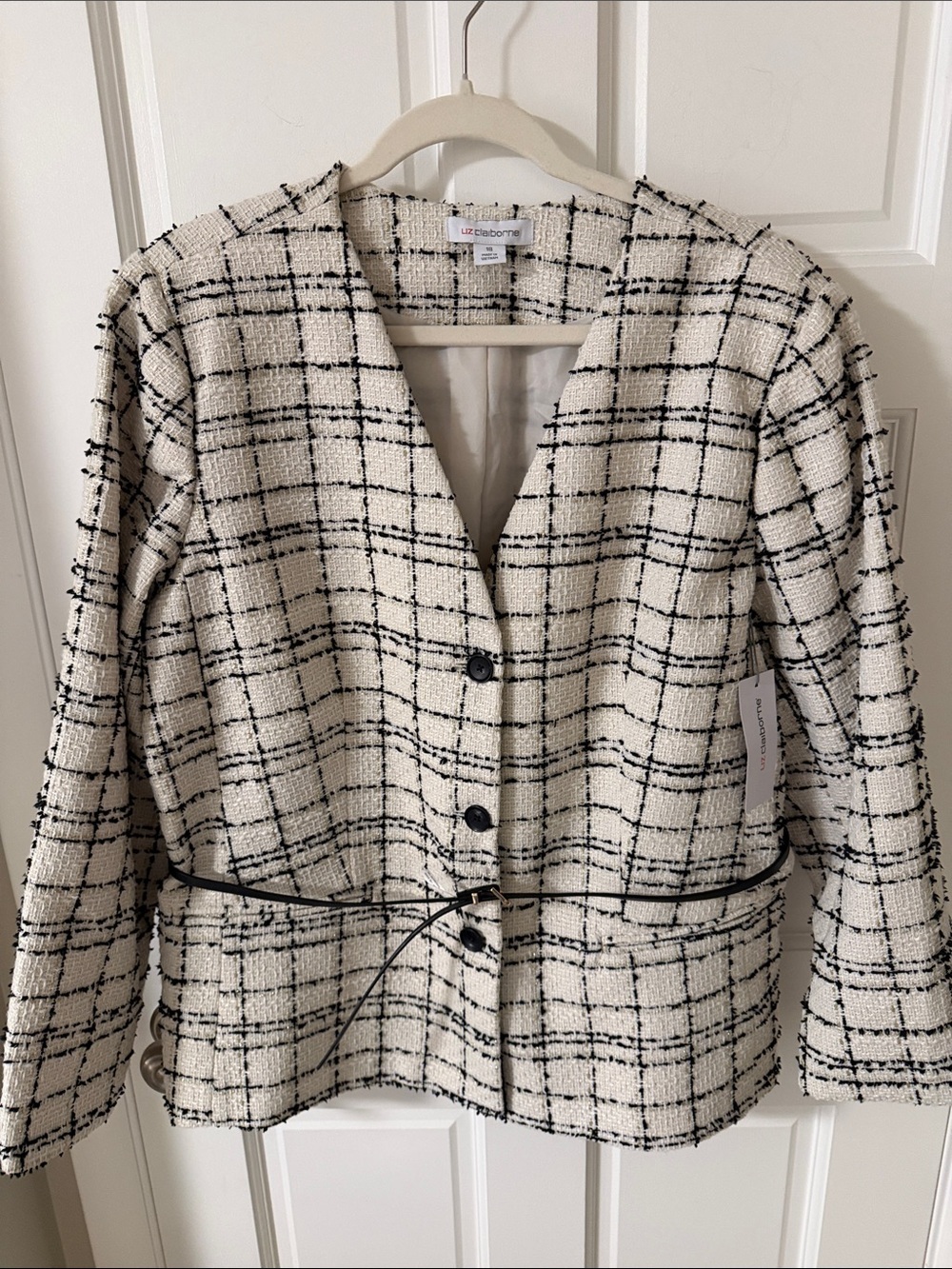 Liz Claiborne Windowpane Plaid Tweed Blazer Jacket Belted Collarless Size 18